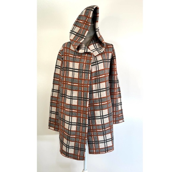 Anthropologie Jackets & Blazers - Anthropologie Field & Flower Plaid Sweater Coat Hooded Wool Long Knit